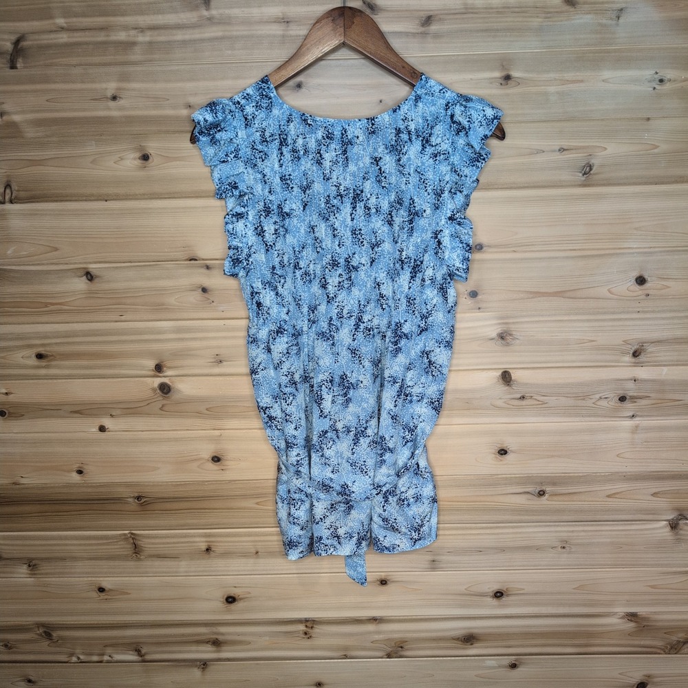 Sundance Blue White Floral 100% Silk Ruffle Cap Sleeve Tie Waist Blouse Medium - Picture 5 of 10
